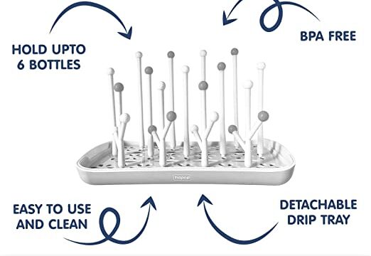 Hopop Portable & Compact Baby Bottle Drying Rack with Detachable Water Drip Tray, White, Holds Upto 6 Bottles and Accessories - Image 2