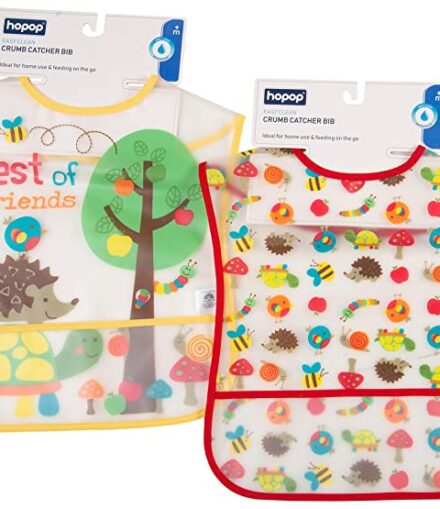 Hopop Plastic Waterproof Baby Bib with Food Catching Pocket | Plastic Bib for Feeding Infants & Toddlers, Big Size Pack of 2, Suitable from 6-24 Months (Big, Pack of 2, Best of Friends)