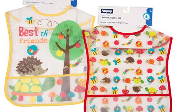 Hopop Plastic Waterproof Baby Bib with Food Catching Pocket | Plastic Bib for Feeding Infants & Toddlers, Big Size Pack of 2, Suitable from 6-24 Months (Big, Pack of 2, Best of Friends)