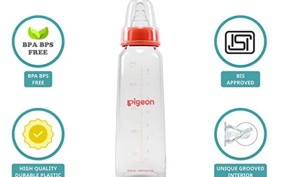 Pigeon Flexible Glass Nursing/Feeding Bottle With Added Nipple L,For 9+ Month Babies,Borosilicate Nursing/Feeding Bottle for Babies,BPA Free,BPS Free, Red,240 ml