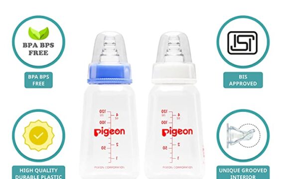 Pigeon Peristaltic Baby Nursing/Feeding Bottle KPP Nipple S,For 0+ Month Babies,BPA Free,BPS Free,Square Base,Blue and White,120 ml,Pack of 2