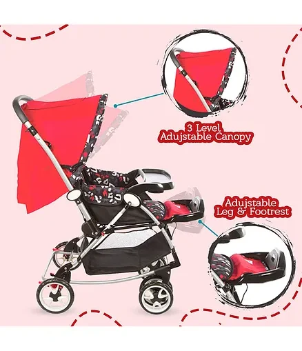 Mee Mee Premium Baby Pram With Rocker Function Rotating Wheels & Adjustable Seat - Red Black