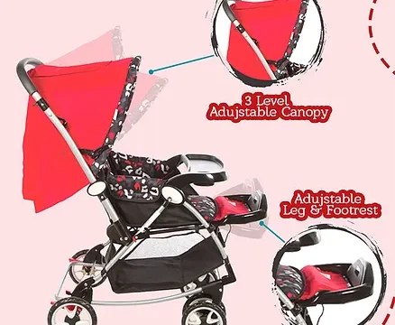 Mee Mee Premium Baby Pram With Rocker Function Rotating Wheels & Adjustable Seat - Red Black - Image 3
