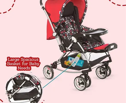 Mee Mee Premium Baby Pram With Rocker Function Rotating Wheels & Adjustable Seat - Red Black - Image 4