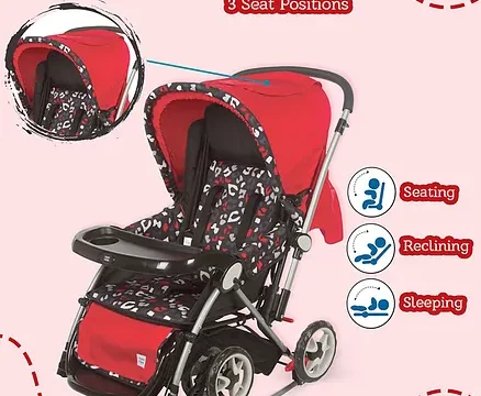 Mee Mee Premium Baby Pram With Rocker Function Rotating Wheels & Adjustable Seat - Red Black - Image 5