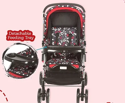 Mee Mee Premium Baby Pram With Rocker Function Rotating Wheels & Adjustable Seat - Red Black - Image 6
