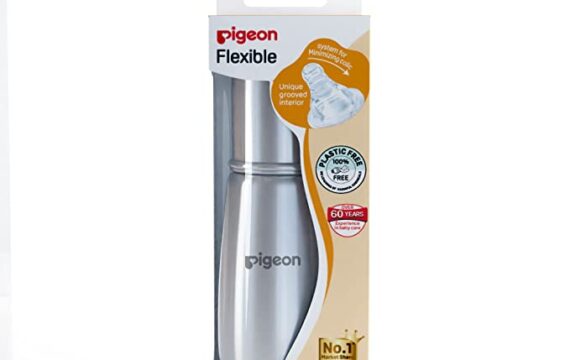 Pigeon Steel Baby Feeding Bottle for Kids, Made of Rust Free Stainless Steel, Ergonomic Handle, Anti Colic Nipple Slim Neck Steel Feeding Bottle 220ml-L Size